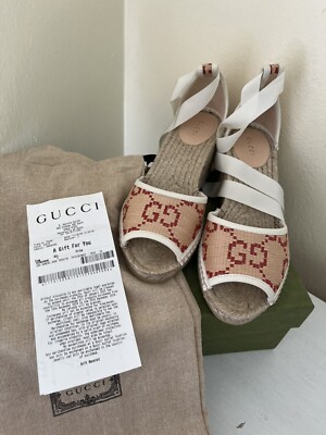 Gucci★素敵！GG raffia-effect espadrille wedge sandals Gucci GG raffia-effect espadrille wedges Gucci