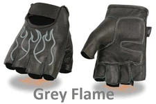 Black Leather FINGERLESS Gloves GREY FLAMES Gel Palm Motorcycle Biker Rider