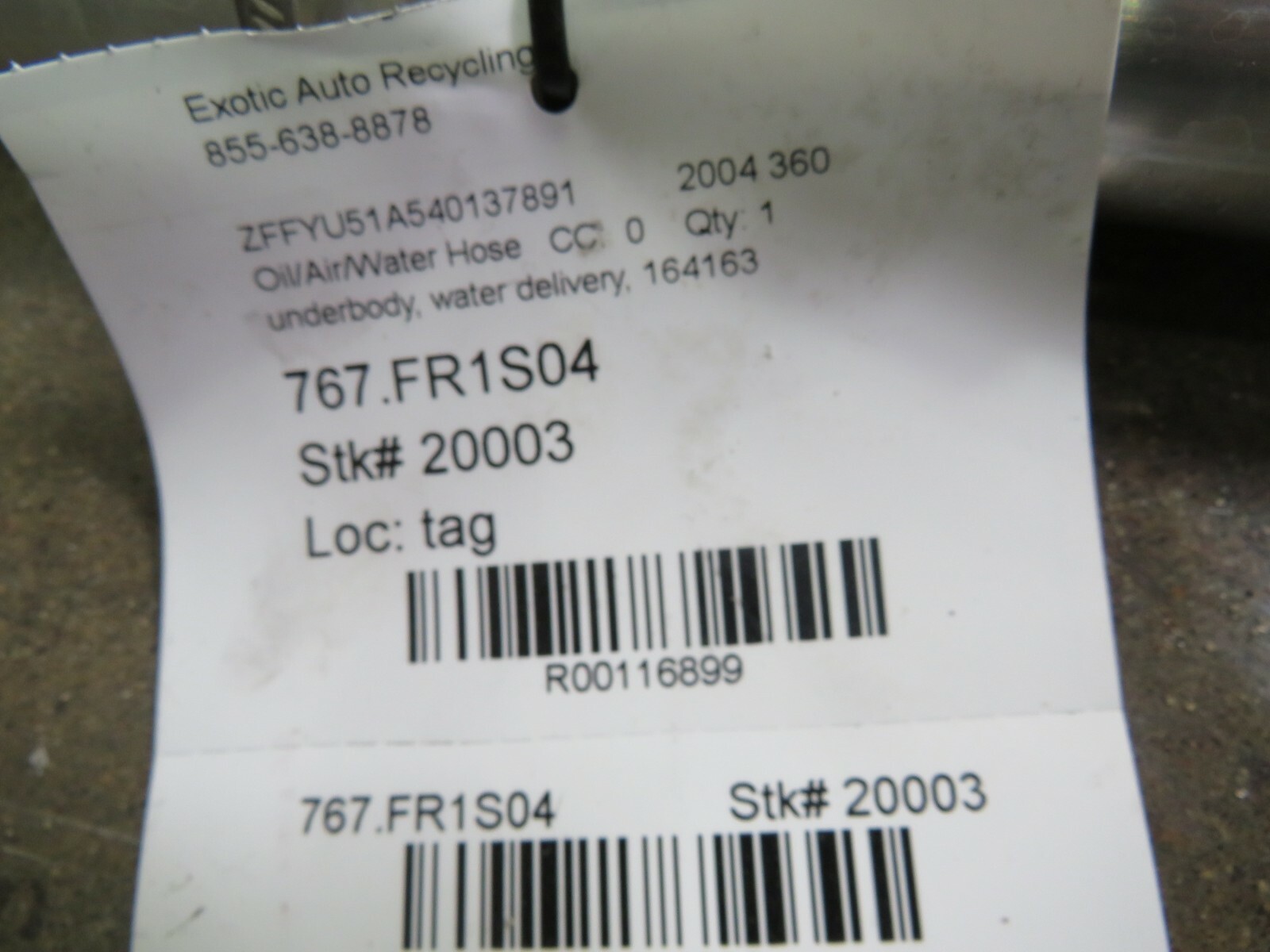 Ferrari 360, Underbody Water Delivery Hose, Used, P/N 164163