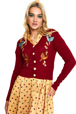 Voodoo Vixen Strickjacke Red Woodland Cardigan Retro Vintage Vögel Pilze Herbst