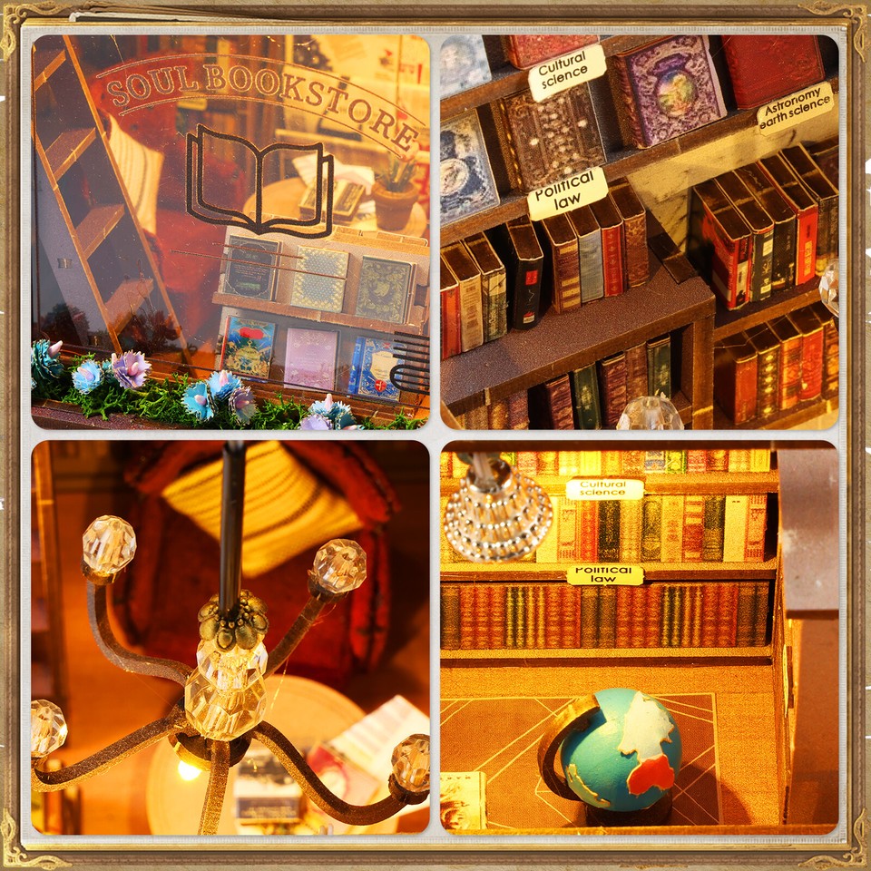 DIY Book Nook Kit 3D Wooden Puzzle Bookshelf Insert Decor with Light