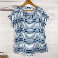 NAIF Petite Top Women PS Blue White Stripe Lightweight Cuff Blouse