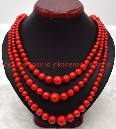Pretty Genuine 3 Rows 6-14mm Red Coral Gemstone Round Beads Necklace 17-19in - Picture 11 of 12