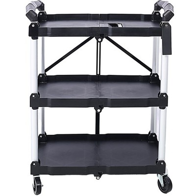 3-Tier Folding Service Cart, Collapsible, 50 lb per Shelf Capacity, Black Finish