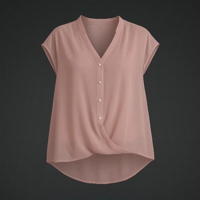 Ladies Large French Tucked Blouse Dusty Pink Button Down Twist Hem V-Neck Blouse