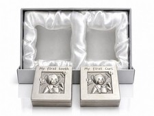 Child  s Keepsake Boxes First Tooth  Curl Boxes Teddy Bear Silver tone 1.5  