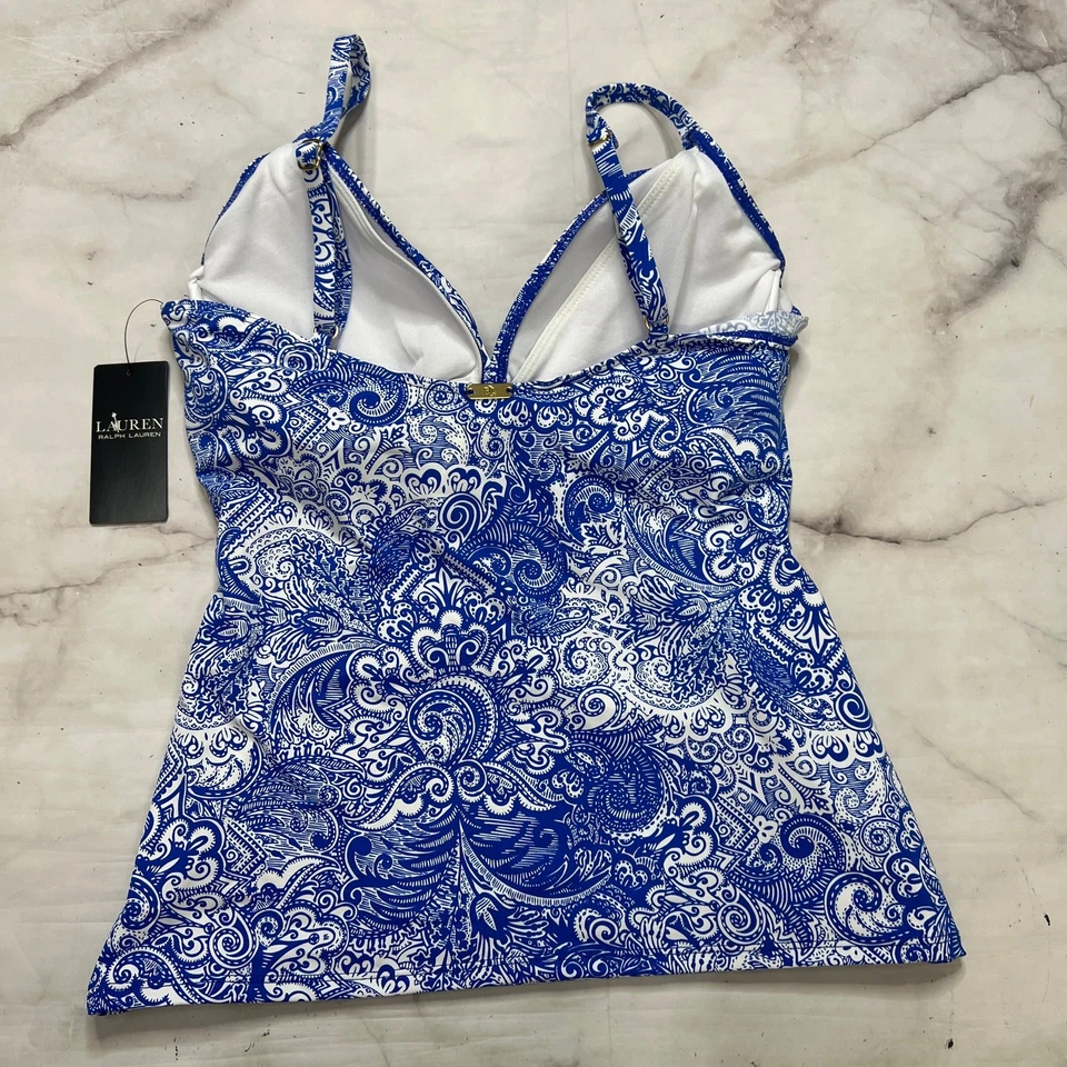 LRL Ralph Lauren Paisley Twist Front Tankini Top Blue White Underwire Size 10 - Image 4 of 4