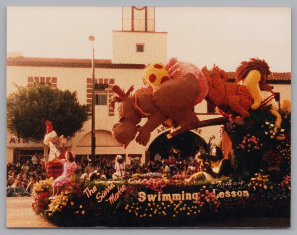 Sign Lesson Cartoon 1980s Rose Parade Floral Float Swimming Lesson Cartoon Animals Flowers ...