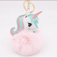 Pink Blue White Faux Fur Unicorn Pom-Pom Keychain Detachable Keyring Animal