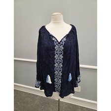 Karen KaneNavy Blue Embroidered Boho Peasant Blouse with Tassels & Bell Sleeves