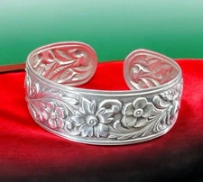 Vintage S. Kirk & Son Sterling Silver Repoussé Cuff Bracelet Floral 1950-1960