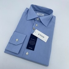 Eton Dress Shirt Men L 16 1/2 - 42 Blue Houndstooth Fine Twill Slim Fit Formal