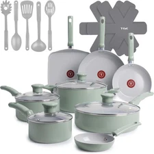 T-Fal Refresh Ceramic Nonstick Cookware Set, 20-Piece, Oven Safe to 350°F, Stoc