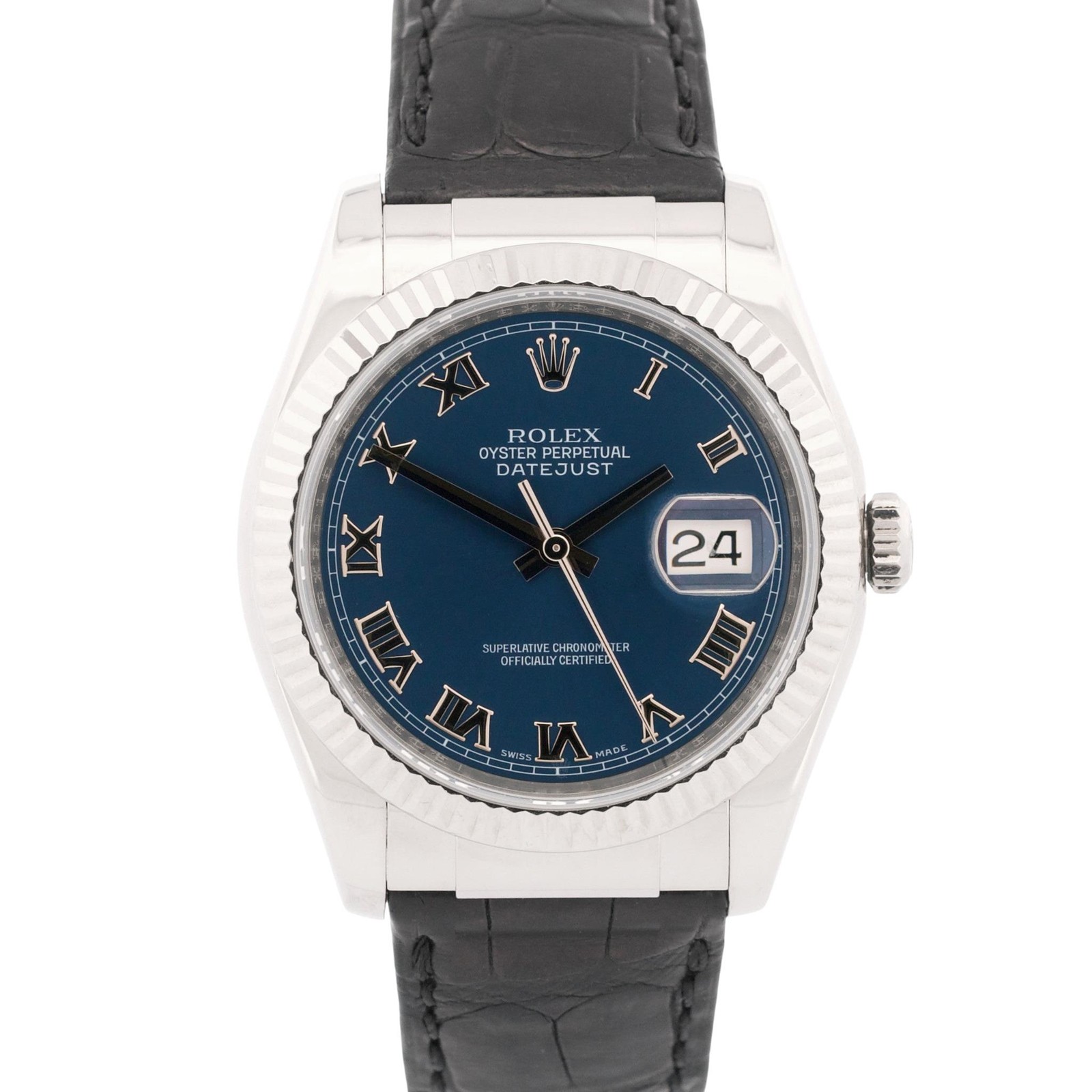 Rolex DateJust BLUE ROMAN 18K White Gold Fluted 36mm Black Leather 116139 Watch