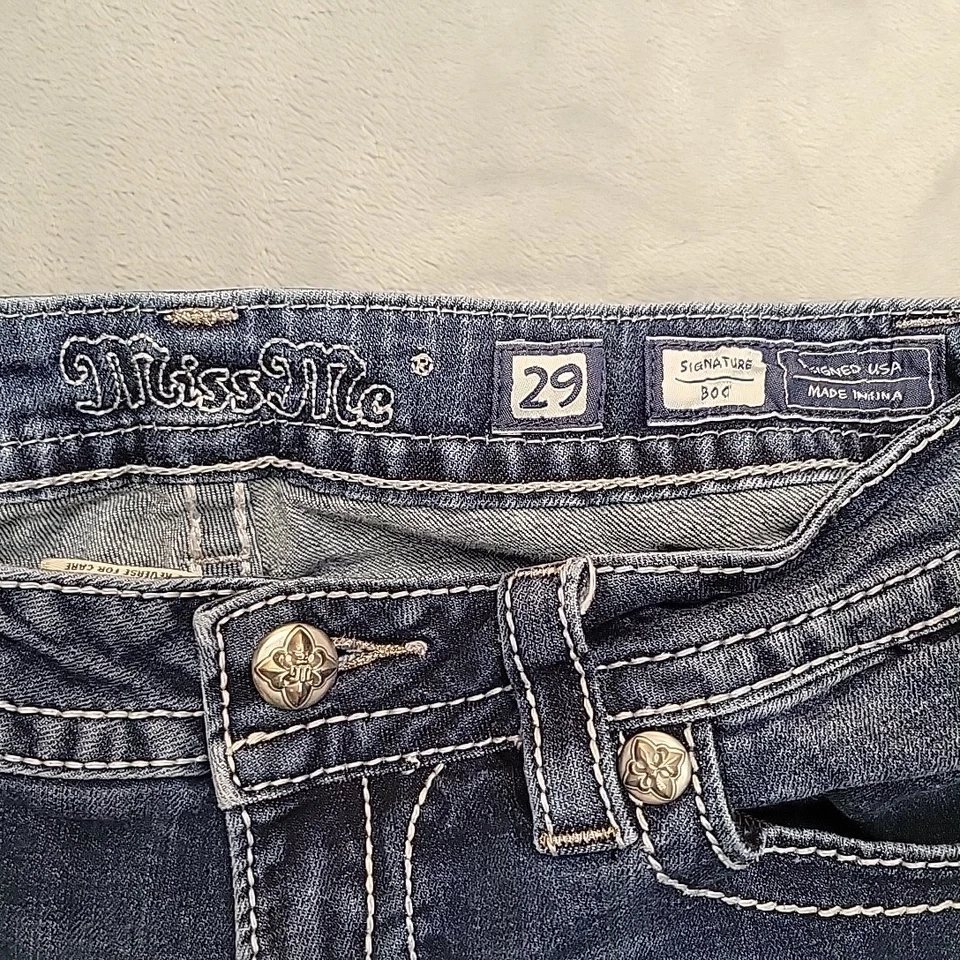 Pantalones de mezclilla Miss Me para mujer 29 azul desteñido tiro bajo solapa bolsillo punto grueso vaquero Foto 3 de 4