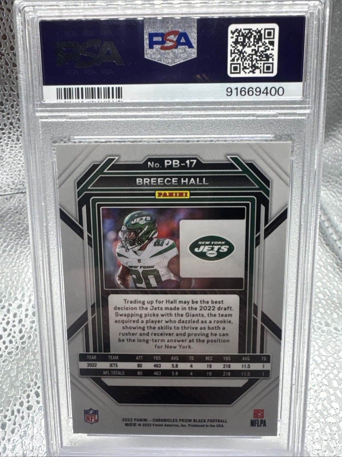 2022 Panini Chronicles - Prizm Black Breece Hall #PB-17 RC PSA 10 Gem Mint Jets view 2