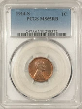 1914-S LINCOLN CENT - PCGS MS-65 RB, ATTRACTIVE GEM!