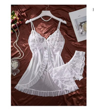 Sexy Contrast Lace and Mesh Ruffle Babydoll Dress Woman Sexy Nightgown V-neck Op