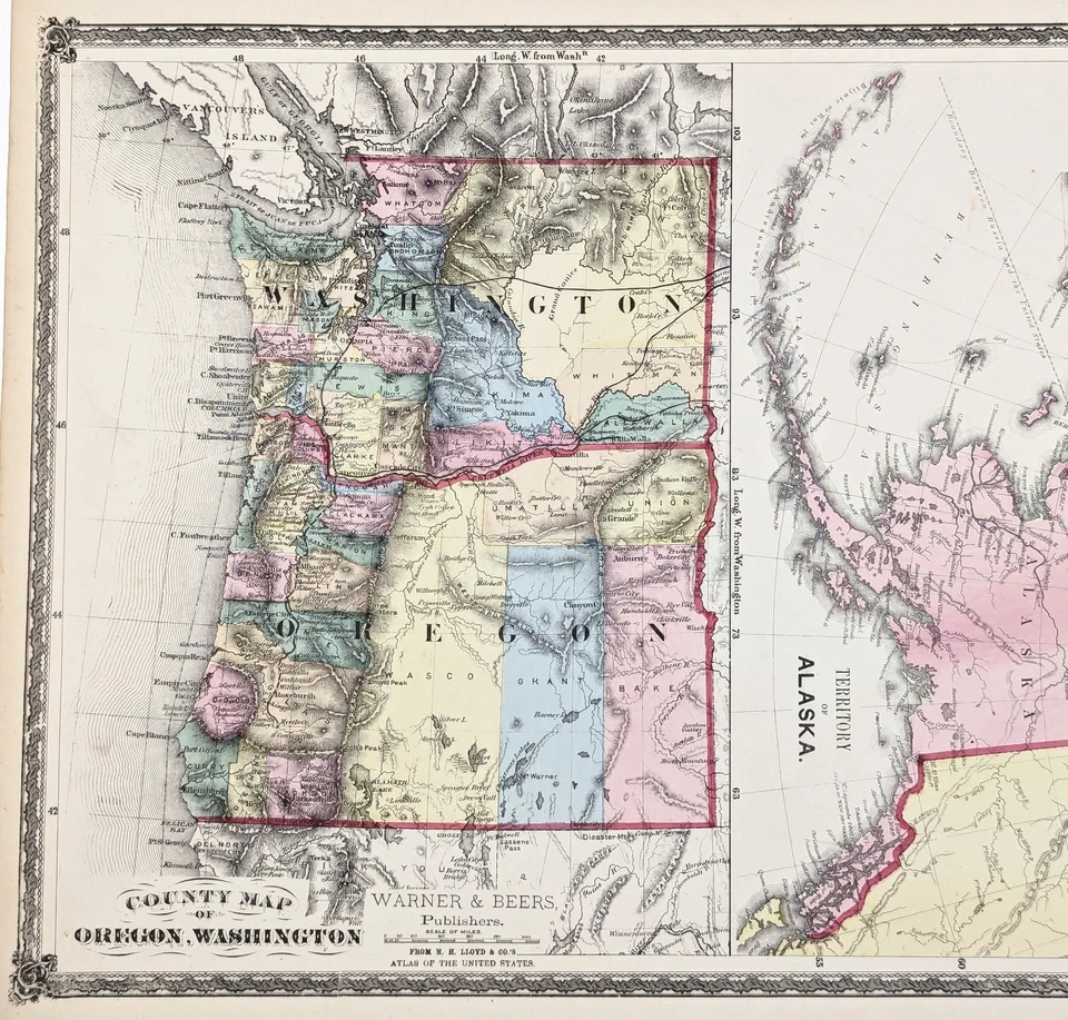 1875 WASHINGTON - OREGON - ALASKA Map ORIGINAL - ANTIQUE (16X13) RAILROADS - Image 2 of 3