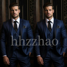 Navy Blue Satin Men's Suits Formal Business Wear Wedding Groom Tuxedo 3 Pieces