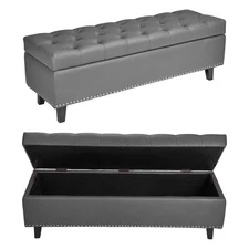 VEVOR Button-Tufted Storage Ottoman Bench PU Leather Bench with Wood Legs Gray