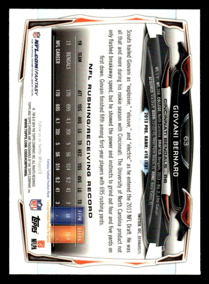 2014 Topps Chrome #63 Giovani Bernard Green Refractor BENGALS - Image 2 of 2