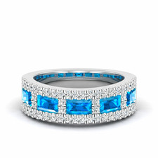 Swiss Blue Topaz Emerald-Cut 6x4mm Eternity Band Ring With Rhodium Plated