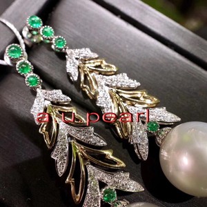 18K-natural-real-Diamond-emerald-12-13mm-south-sea-ROUND-WHITE-pearl-earrings