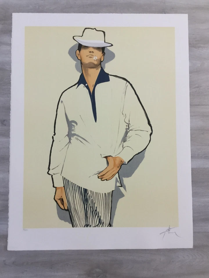 Litografia Art Deco moderna sem moldura Rene Gruau assinada à mão Homme a la Marguerite - Imagem 2 de 4