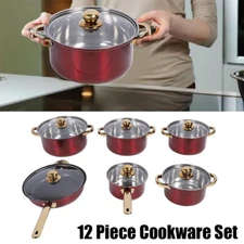12 Piece Cookware Set Nonstick Pots and Pans Home Kitchen Cooking Non Stick, Red