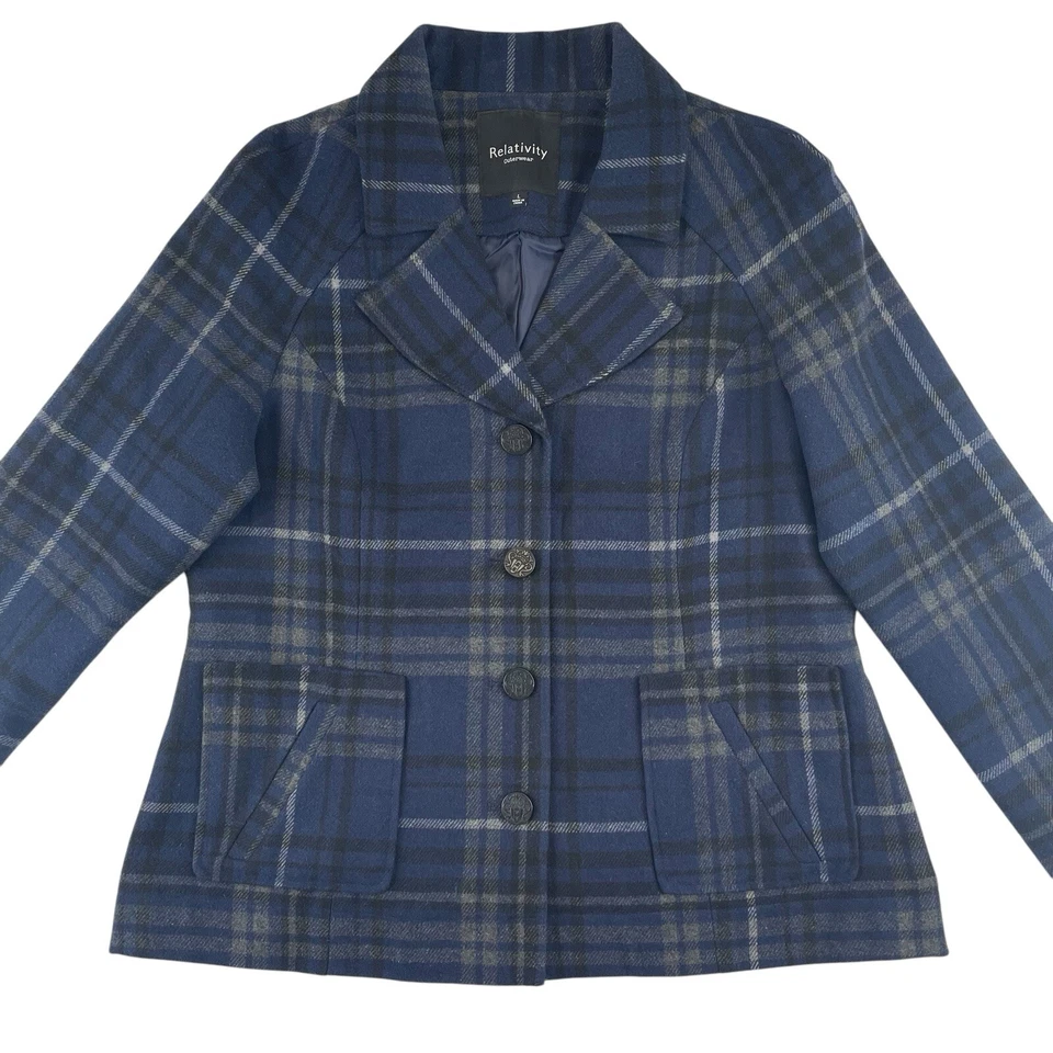 Blazer Relativity para mujer L azul tartán a cuadros mezcla de lana ecuestre corpcore Foto 2 de 4