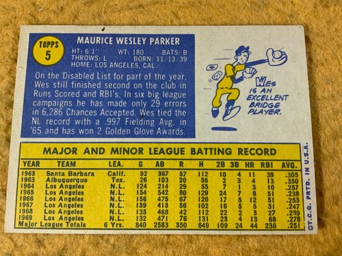 V8-70 BASEBALL CARD - WES PARKER - LOS ANGELES DODGERS - 1970 TOPPS - CARD #5 - Picture 2 of 5