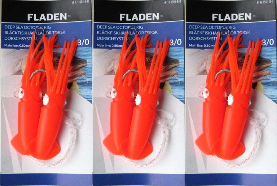 3 Fladen Red Squid Rigs 8/0 Hooks Winged Double Octopus Cod Pollock Lures