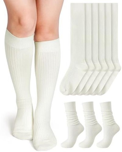  3 Pairs Women Cashmere Cotton Knee High Socks Long Ribbed Knit Slouchy Cream 