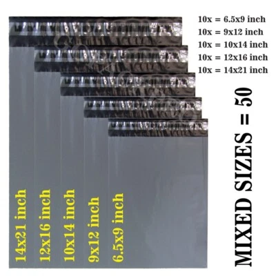 50 GEMISCHTE GRÖSSEN grau Porto/Poly/Post Versandtaschen/Säcke/Umschläge selbstversiegelnd