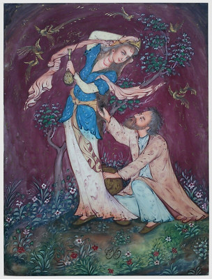 RARE PERSIAN MID-20TH C VINT OPAQUE W/C FGRTV PNTNG 2 FGRS, W/OUD/BIRDS PARADISE