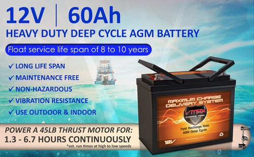 Batterie VMAX MR96-60 12V 60Ah AGM Deep Cycle pour moteur de pêche à la traîne ALEKO TRM-L-55lb - Photo 2 sur 7