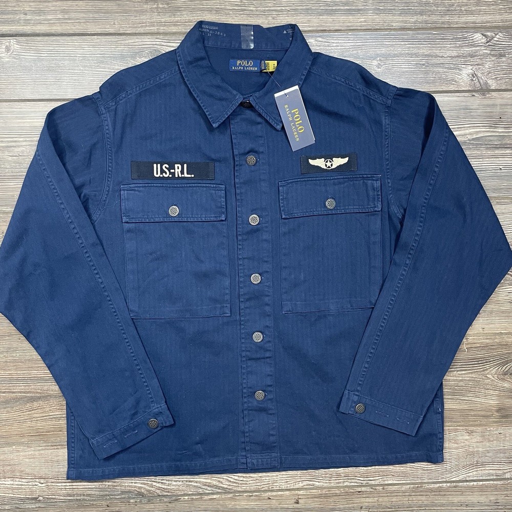 Polo Ralph Lauren Men’s Washed Twill Overshirt Military Jacket Navy LARGE NWT