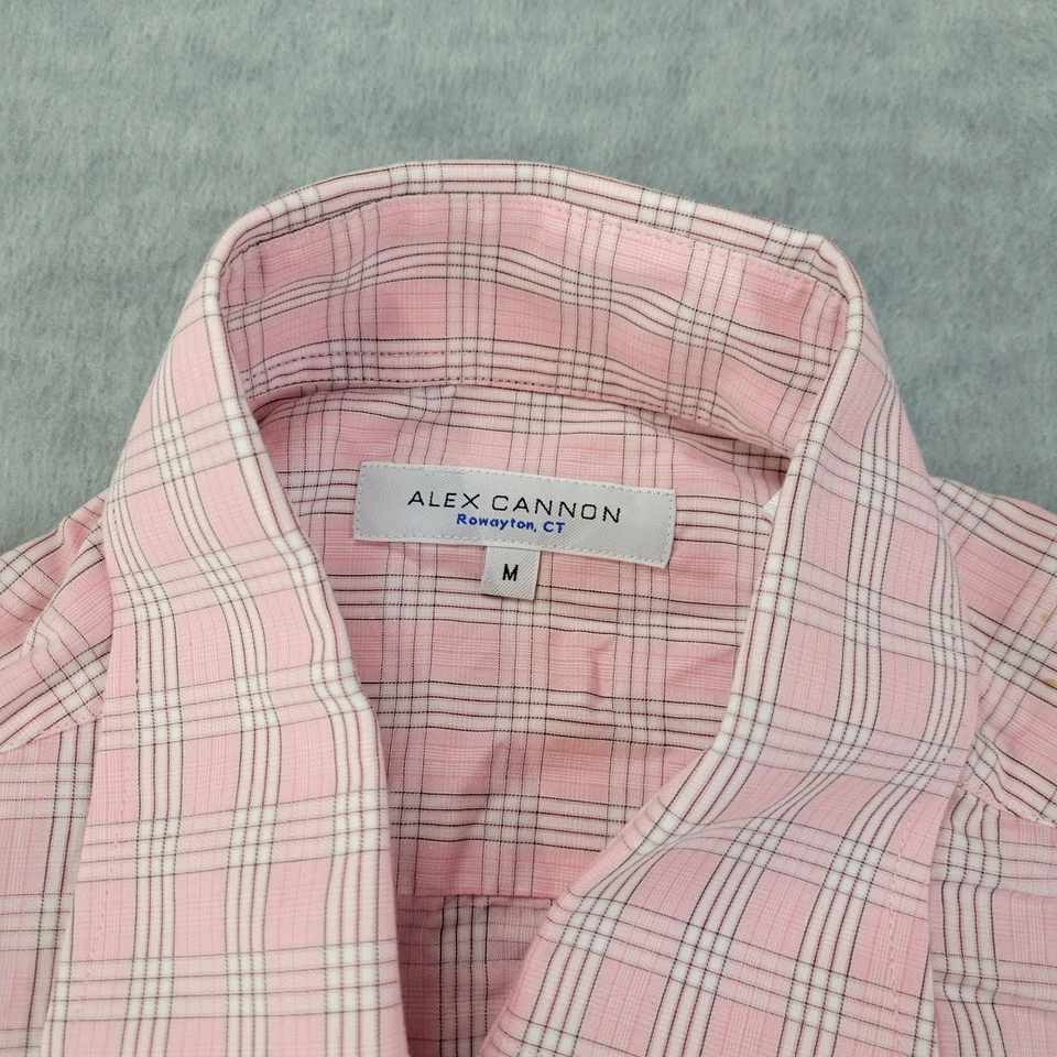 Camisa de vestir Alex Cannon abotonada rosa blanca a cuadros algodón manga larga para hombre M Foto 3 de 4