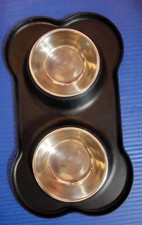 Double Dog Bowl Set Raised Feeder Stainless Steel Bone-Shaped Black Base