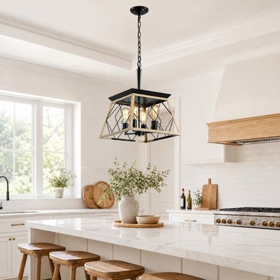 16'' Pendant 4 Light Farmhouse LED Chandelier Living Room Kitchen Oak Fixture