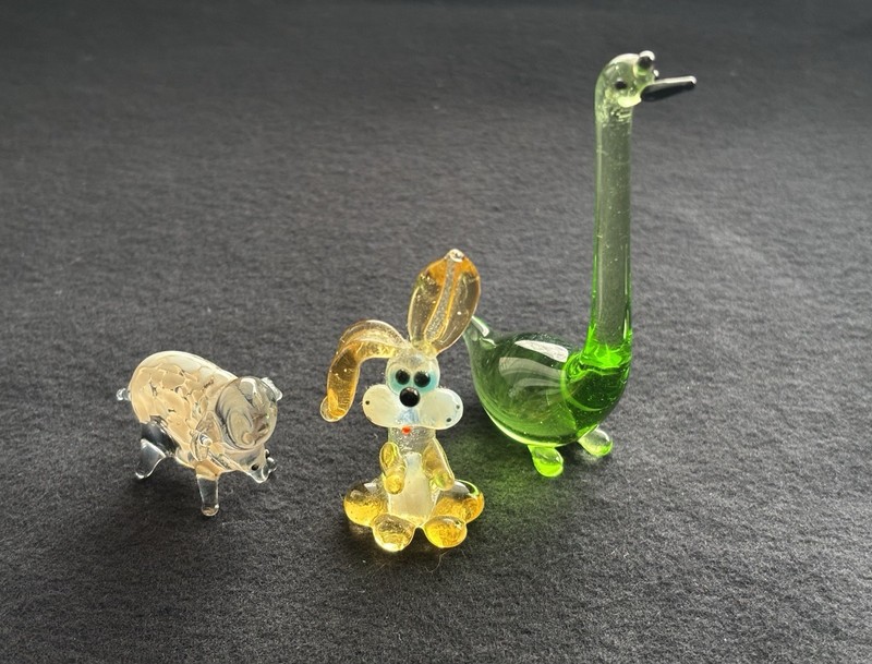 (3) Vintage Hand-Blown Russian Art Glass Miniature Figurines Swan, Bunny, Sheep