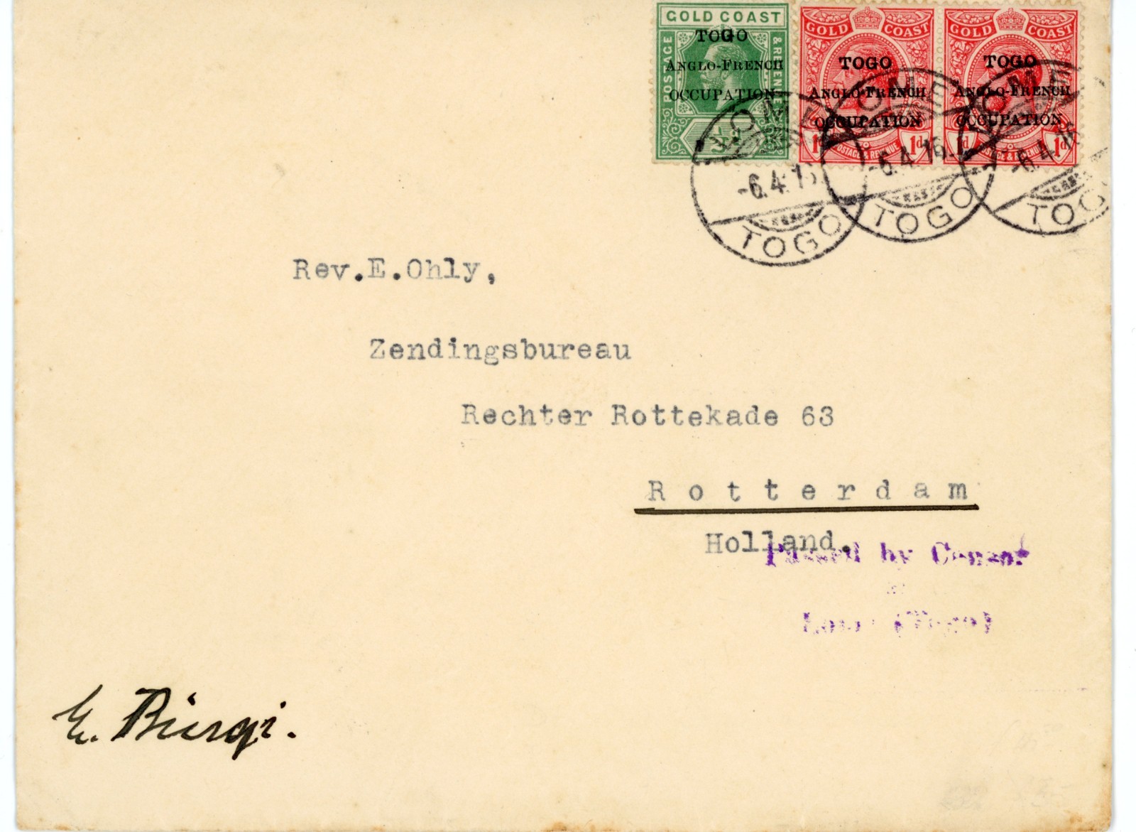 P81/13/RC TOGO 1916 ANGLO- FRENCH OCCUPATION STAMPS CENSORED TO HOLLAND COVER