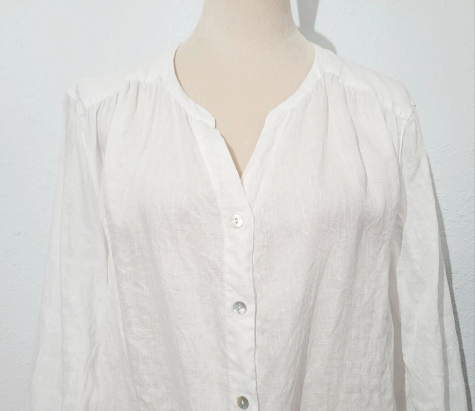 Blusa para mujer Rachel Zoe 100 % lino blanca con botones delanteros talla grande manga larga Foto 3 de 4