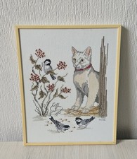 Needlepoint White Cat Picture With Birds 12 X 10" Approx Vintage