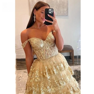 Puffy Gold Evening Dress Off Shoulder Sweetheart Layered Prom Dress  Appliques | eBay