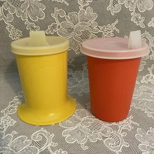 Tupperware Vintage 2 Sippy Cups With Lids Sheer Red Yellow