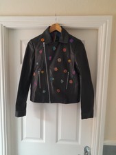 Paul Smith Women Black Leather Jacket Embroidered Pattern Size S Uk 8