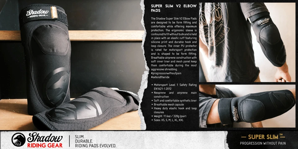 SHADOW CONSPIRACY SUPER SLIM V2 ELBOW PADS SLIM FIT BMX MOTO SKATE BLACK NEW Foto 2 de 4