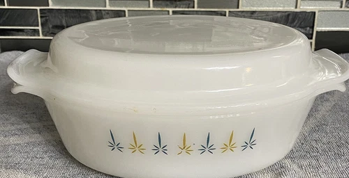 VTG Fire King Atomic Starburst Candle Glow  1 .5 Qt  Bowl & Lid Granny Core